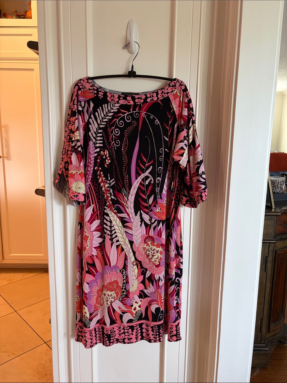 Elie Tahari Black and Pink Floral Midi Dress